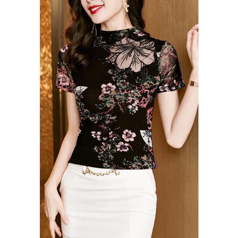 Кружевная футболка с полуводолазкой для женщин на весну и лето, новый топ с принтом, замедляющий старение, сетчатая рубашка, модная маленькая рубашка