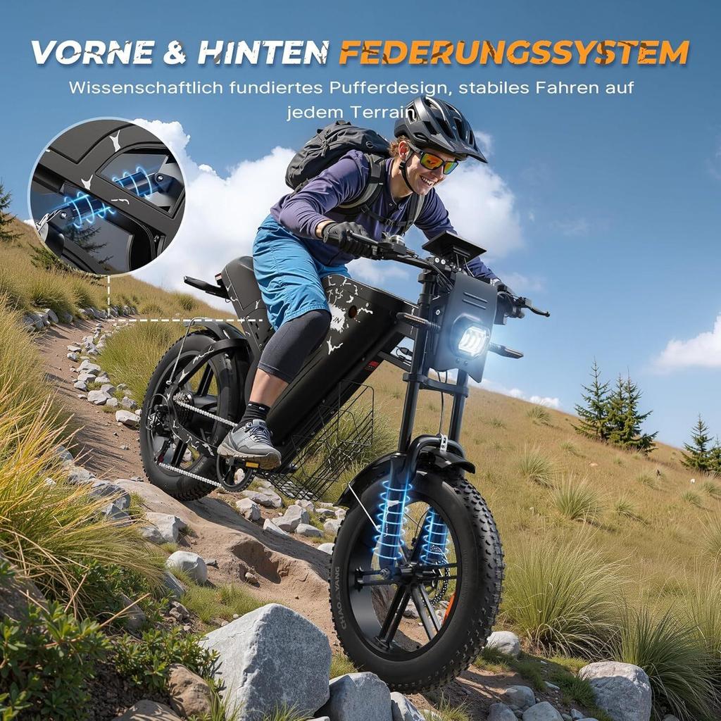 20-inch adult fat bike e-bike with 48V 31.5Ah battery, 87-mile range, suspension and turn signals