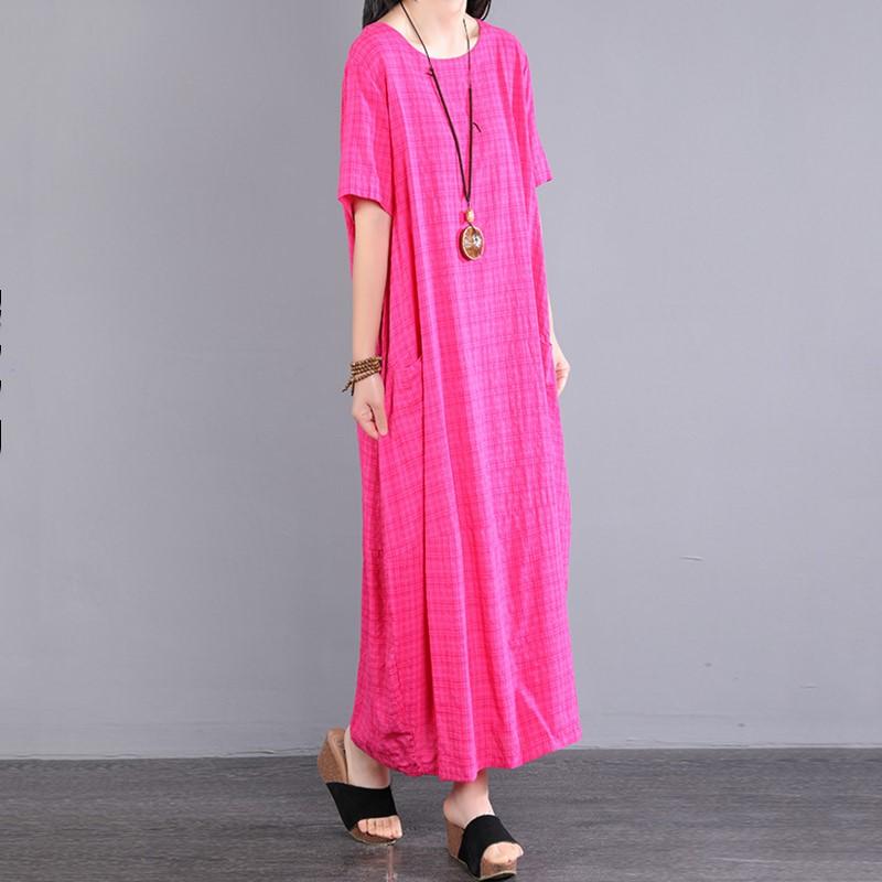 Новое хлопковое винтажное клетчатое платье больших размеров с коротким рукавом для женщин, повседневное свободное длинное летнее платье