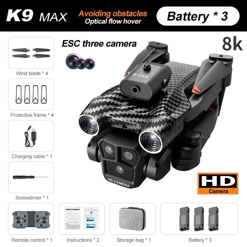Новый K9Max Rc Drone Professional 8K Трехкамерный ESC Широкоугольный оптический позиционирование потока Четырехсторонний Квадрокоптер для предотвращения препятствий Игрушка в подарок