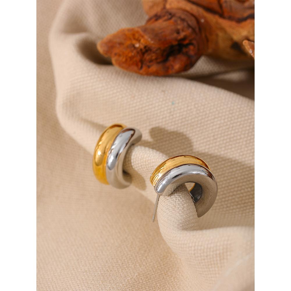 Yhpup New Minimalist Gold Silver Double Color Stainless Steel Thick Charm Stud Earrings Tarnish Free Fashion Temperament Jewelry