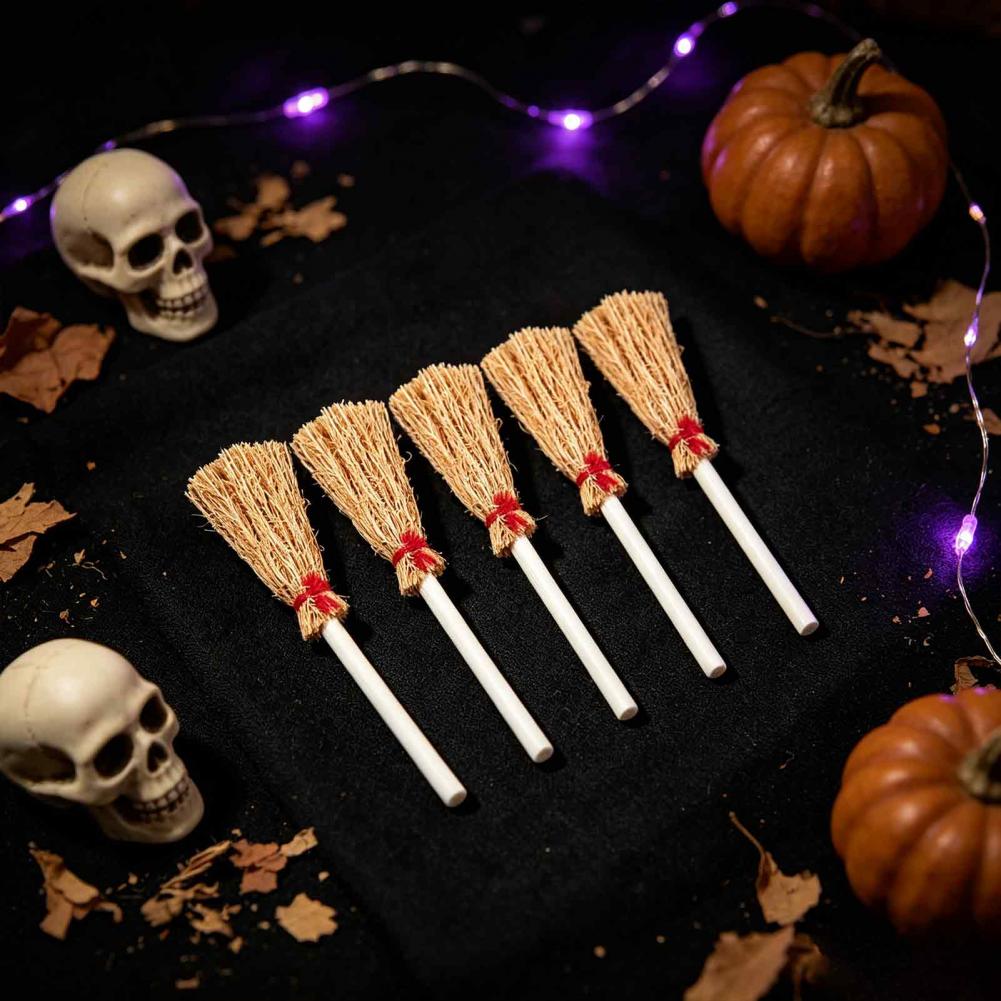 Tiny Wooden Handle Broom 10 Pcs Mini Straw Brooms Set Artificial Witch Broom Decorations with Rope for Dollhouse for Dioramas