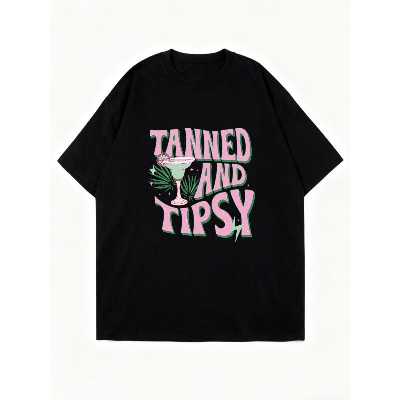Oversized T Shirt Black Tanned And Tipsy Cocktail Print For Beach Party Summer Outfits