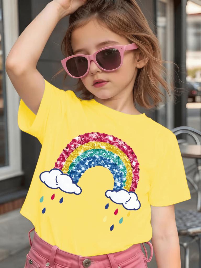 Glitter Rainbow Cloud Print Kids T Shirt Cotton Short Sleeve Boys Girls Parent Child Matching Summer Daily Casual Soft Tees
