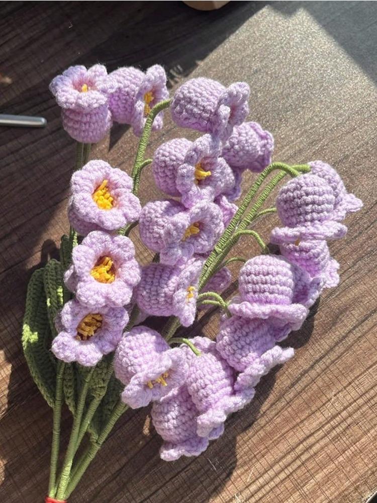 3PCS Artificial Crochet Flowers Handmade Knitting 5Heads Lily of The Valley Woven Flowers with Stems for Valentine's Gifts Home Wedding Party Office