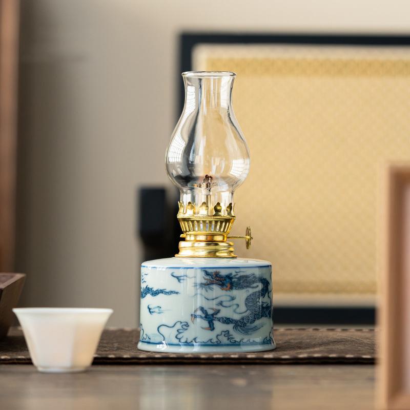 Китайский стиль Масляная лампа Винтажные поделки Чайный домик Керосиновая лампа Кабинет Спальня Керамические лампы Гхи Нарисованные вручную узоры Украшения