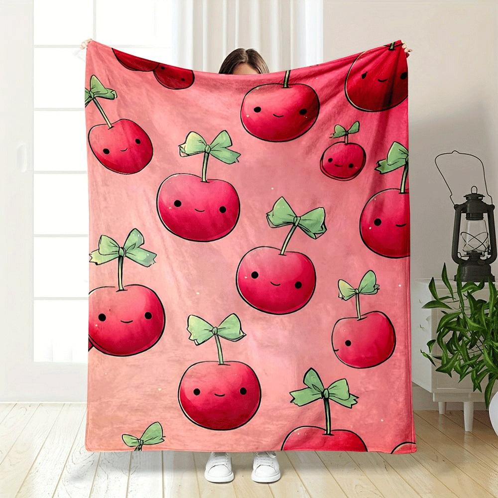 Cute cherries with happy faces and green bows on a pink background. for all seasons blanket lunch break throw gift