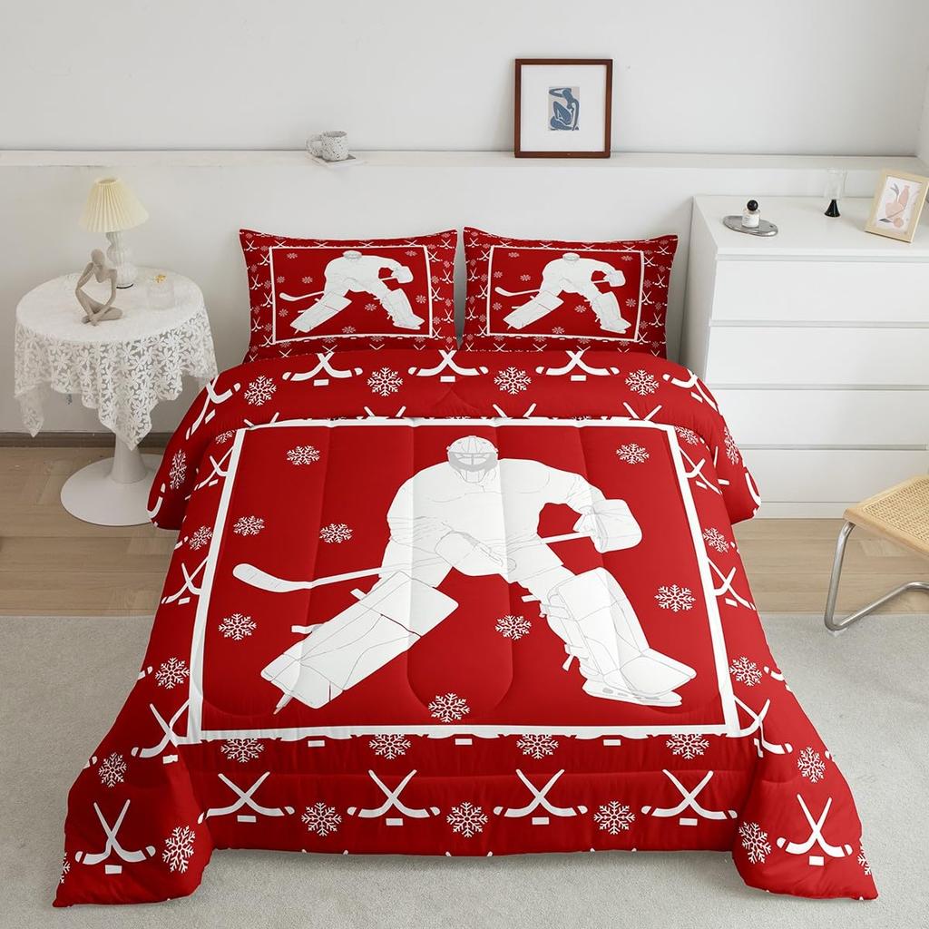 Erosebridal Hockey Motivational Comforter Set Twin,Ice Hockey Ball Games Bedding Set for Boys Man Boyfriend,Winter Sports Gaming Bedding Com