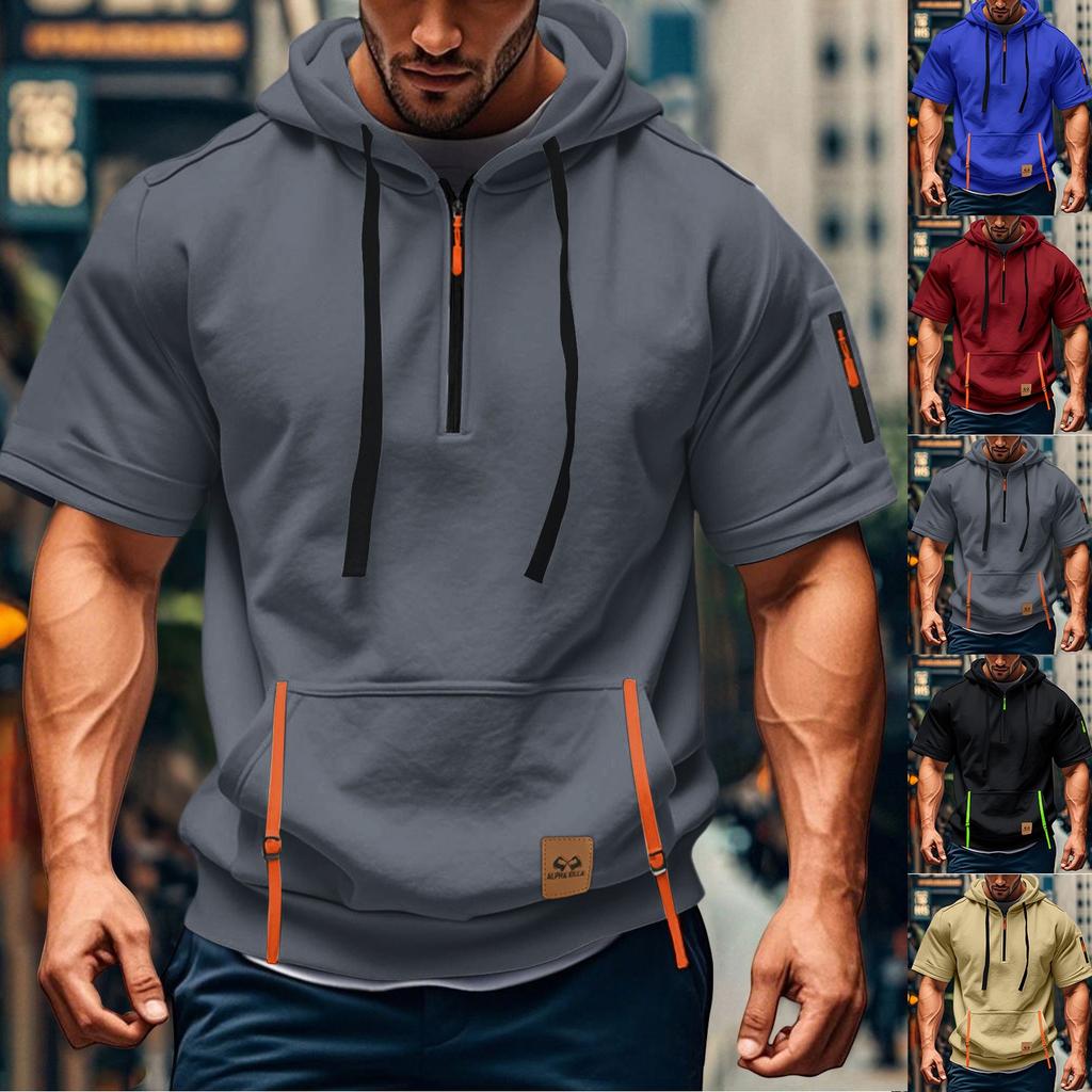 Men's Hoodie Casual Vintage Short Sleeve Workout Sweatshirt With 1/4 Zipper Pullover Active Hoodies