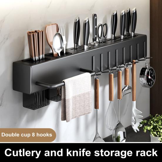 Kitchen Cutlery Holder Wall Mounted Cutter Holder with Hooks Carbon Steel Cutter Storage
