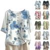 Ayollar uchun moda va kundalik yarim yengli, dumaloq yoqali, printli paxta va zig'irdan tikilgan bluzka top