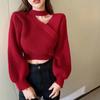 Pullovers Knitted Sweater V-Neck Puff Sleeve Halter Neck Female Sweet Korean Cropped Sweaters Women's Clothing