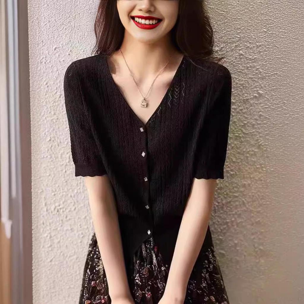 Женский комплект кардигана и юбки из ледяного шелка - Летний комплект с коротким рукавом свободного кроя