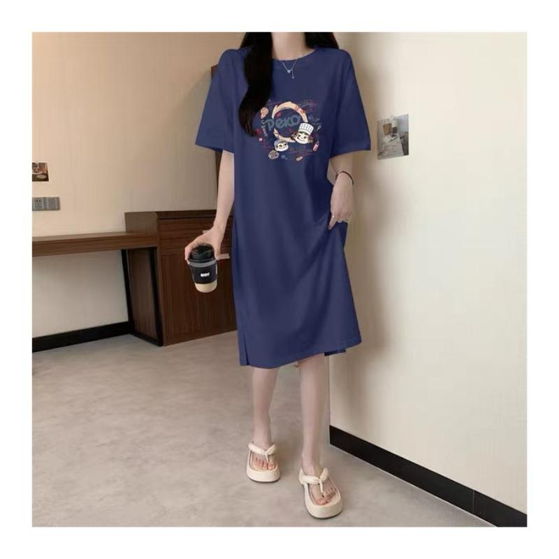 Женское летнее платье-футболка с короткими рукавами, свободное пижамное платье средней длины с разрезом