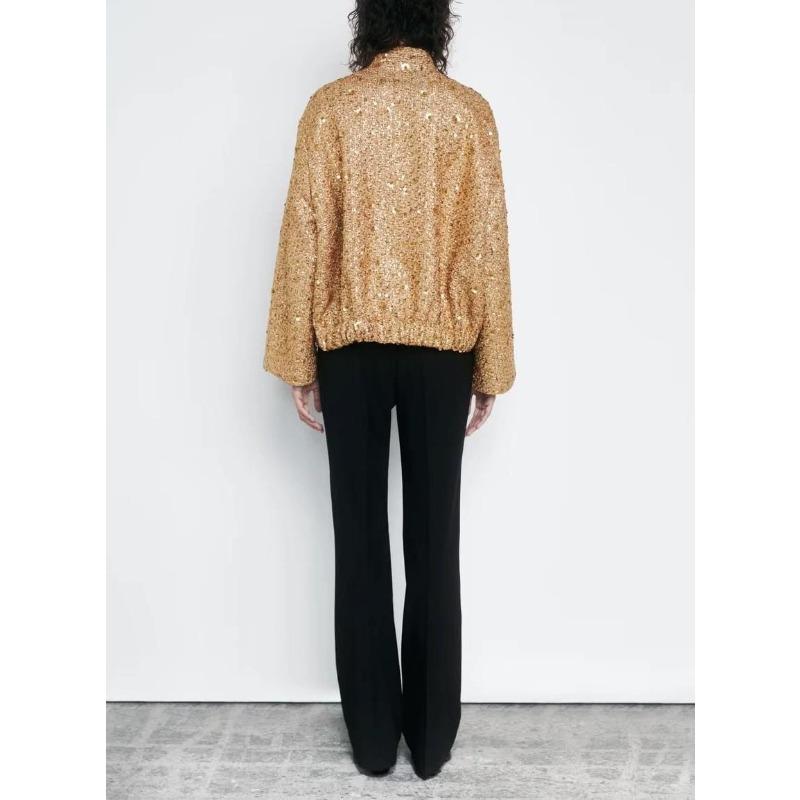 Блестящая куртка с воротником-стойкой и блестками для женщин 2023, осень-зима, с длинным рукавом, золотого цвета, повседневное свободное женское пальто, шикарное карманное модное уличное пальто, винтажное пальто