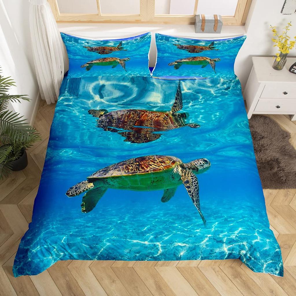 Sea Animals Duvet Cover Set Turtle Print Bedding Sets Queen Size 3D Gorgeous Luxury Comforter Cover Set Marine Life Quilt Cover