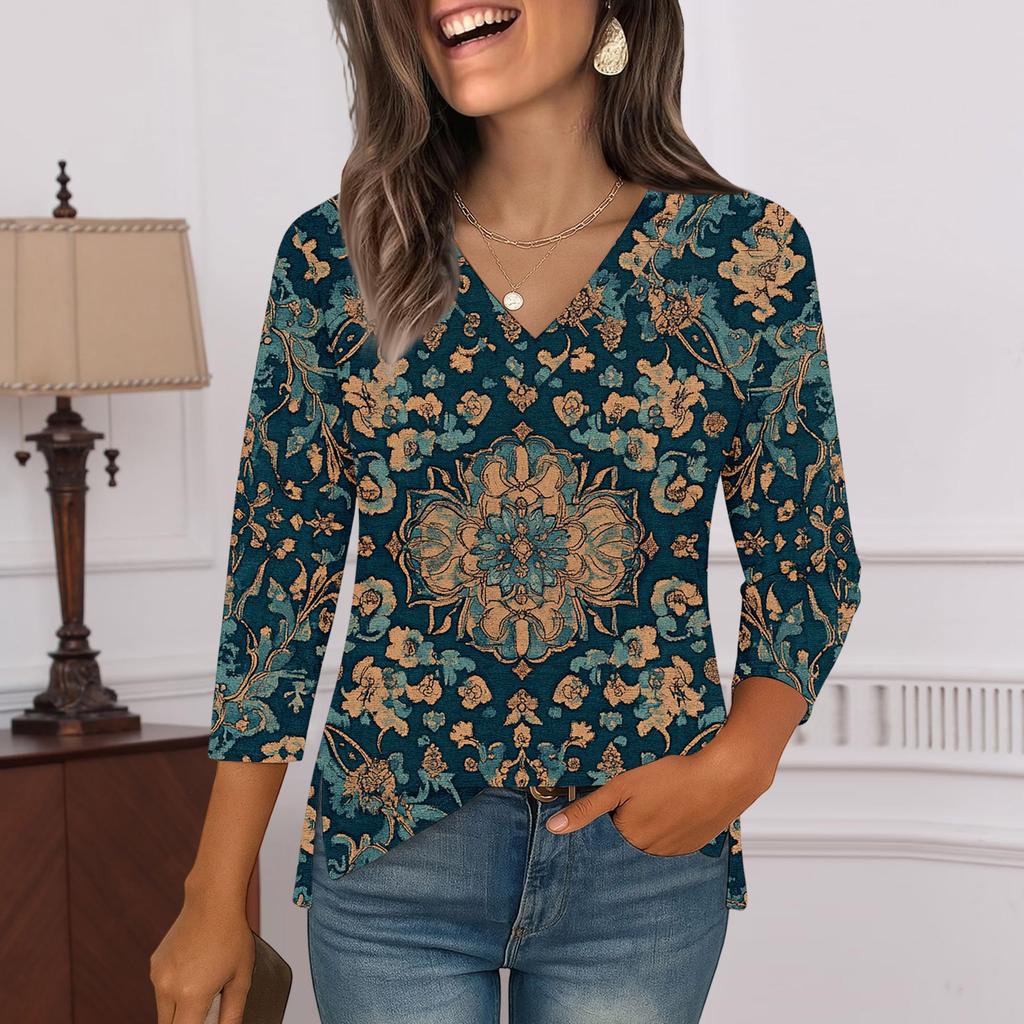 3/4 Sleeve Shirts For Women Print Graphic Tees Blouses Casual Plus Size Basic Tops Pullover