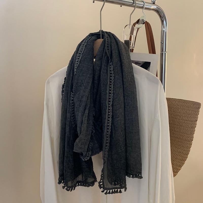 New Pure-Color Cotton Lace Scarf Japanese-Style Simple Thin-Style All-Purpose Shawl Korean Spring And Autumn Women And Men