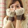 1 Pair Women Lovely Winter Glove Patchwork Knitted Imitation Rabbit Hair Half Finger Warm Gloves