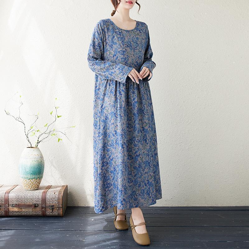 Осеннее хлопковое конопляное платье с круглым вырезом, свободного размера, с длинным рукавом, для женщин, винтажные платья в стиле бохо