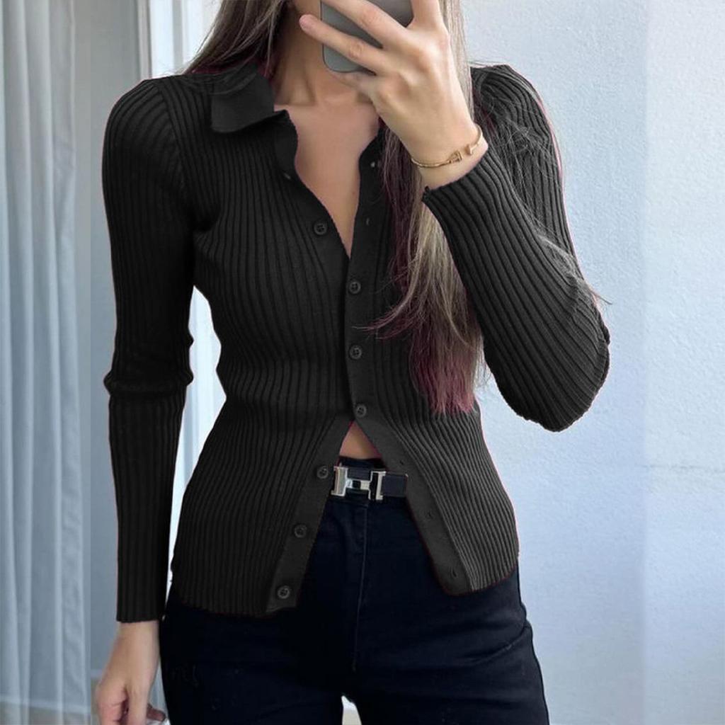 Ladies Autumn Winter Long Sleeve Lapel Wardrobe Staple Solid Color Versatile Button Warm Knitted Sweater Knitwear Top