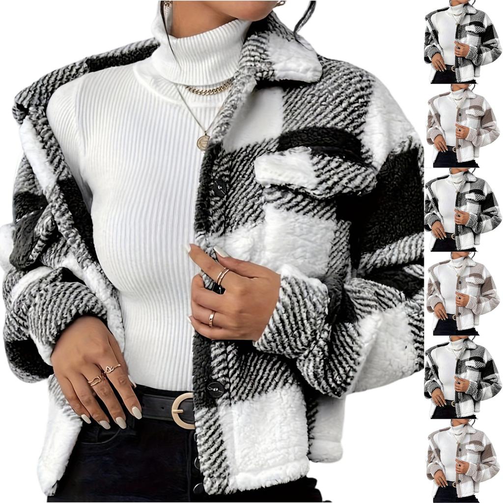 Women's Plaid Double-sided Plush Patch Pocket Button Cardigan Casual Top Jacket