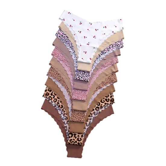 10Pcs Women Seamless Panties Soft Underwear Polka Dot Leopard Print Sexy Thongs Smooth Elastic Sports Briefs for Daily Wear Sleep
