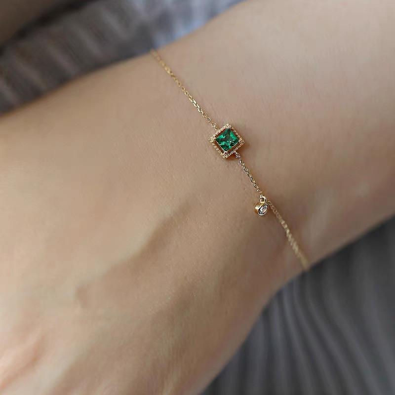 S925 Sterling Silver Plated 14K Gold Emerald Zircon Thin Bracelet Simple Women's Square Sugar Ins Light Luxury All-Match Special-Interest Design