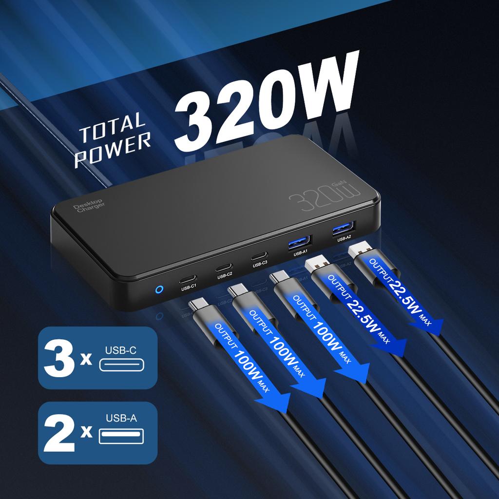 Зарядная станция PD3.0 GaN USB-C мощностью 120 Вт для мобильных телефонов, 5-портовый концентратор для быстрой зарядки, интеллектуальное устройство с несколькими адаптерами для iPhone и т. д.