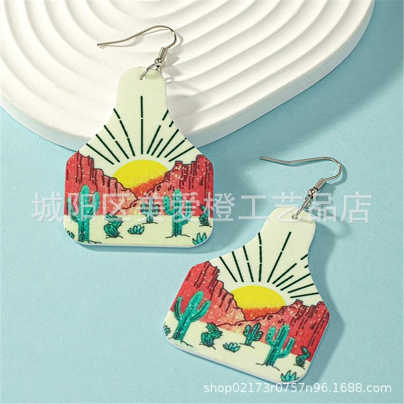 Western Cowboy Style Resin Earrings Cactus Horse Sunflower Print Stud Earrings