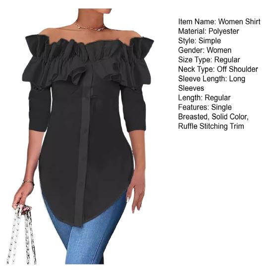 Женская рубашка с открытыми плечами, оборками и длинными рукавами, однотонная однобортная повседневная рубашка