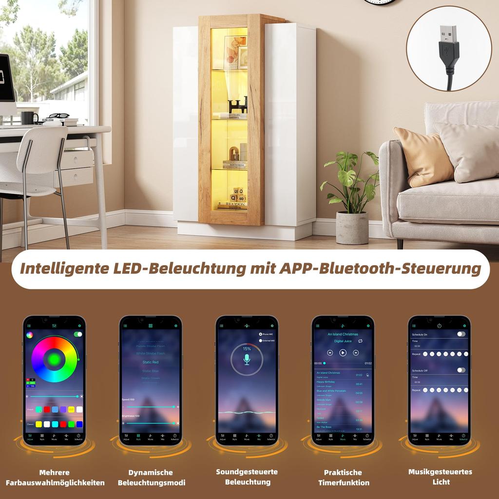 120cm, Transparente Vitrine Hochglanz LED, Bücherschrank 3 Türen & 3 Glasablagen, Hochschränk Standvitrine Wohnzimmer Schlafzimmer Büro,