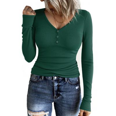 Женская модная однотонная футболка с V-образным вырезом и длинными рукавами, повседневный топ