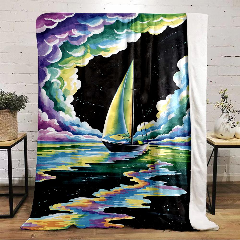 Sailboat on colorful ocean under starry sky. Flannel blanket for bedroom, living room, sofa, and nap sofas.