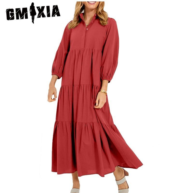 GMXIA Women's Fashion Spring Autumn Solid Color Print Long Sleeve POLO Neck High Waist Casual Dresses