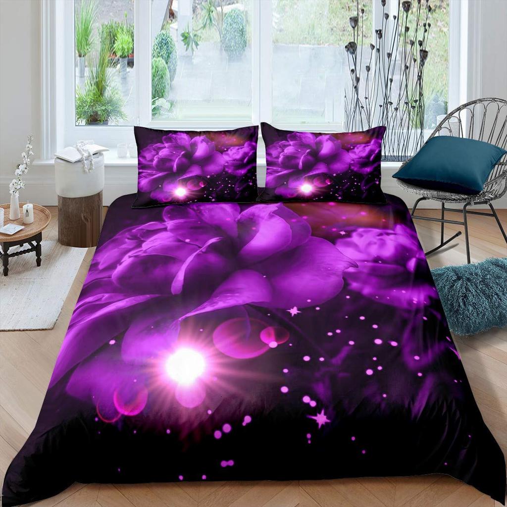 Purple Rose Duvet Cover Set Queen Size Romantic Flowers Bedding Set Valentine'S Day Floral Comforter Cover Lover Couple Gift