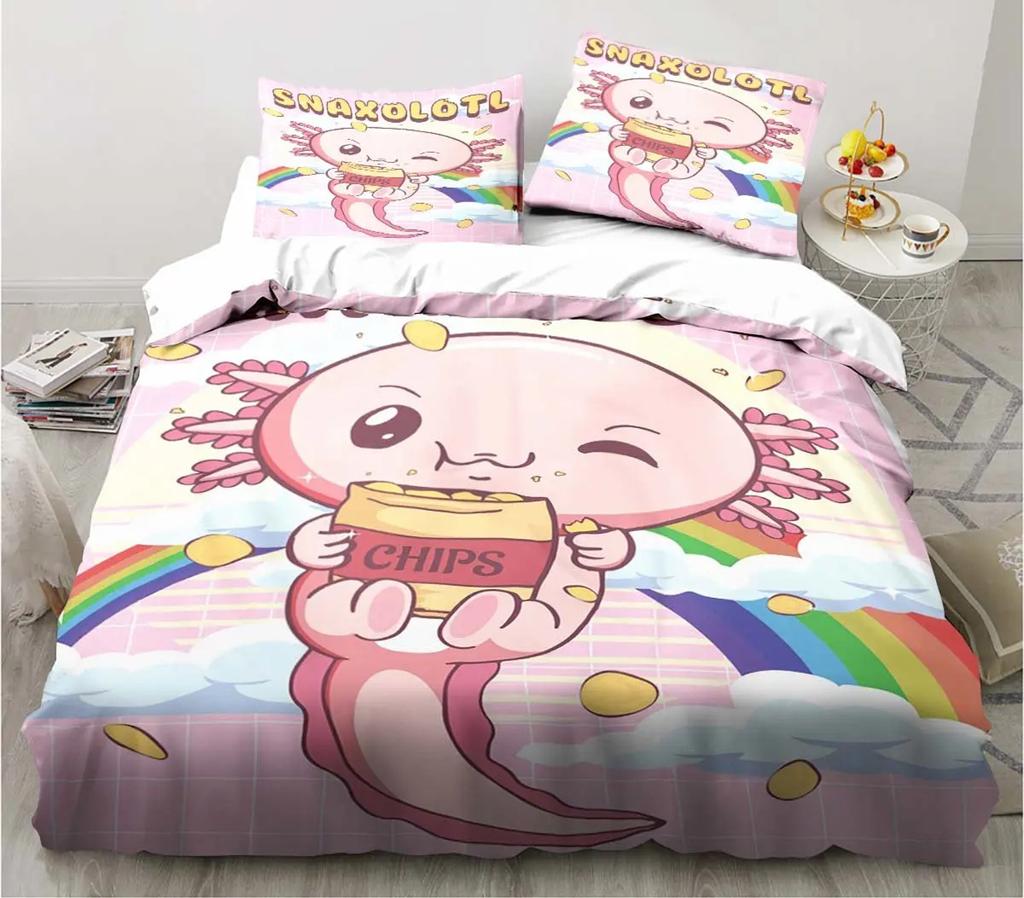 Cute Kawaii Axolotl Art Christmas Navidad Gift King Twin Double Child Customized Bedding Set Duvet Cover with Pillowcase 3 Piece