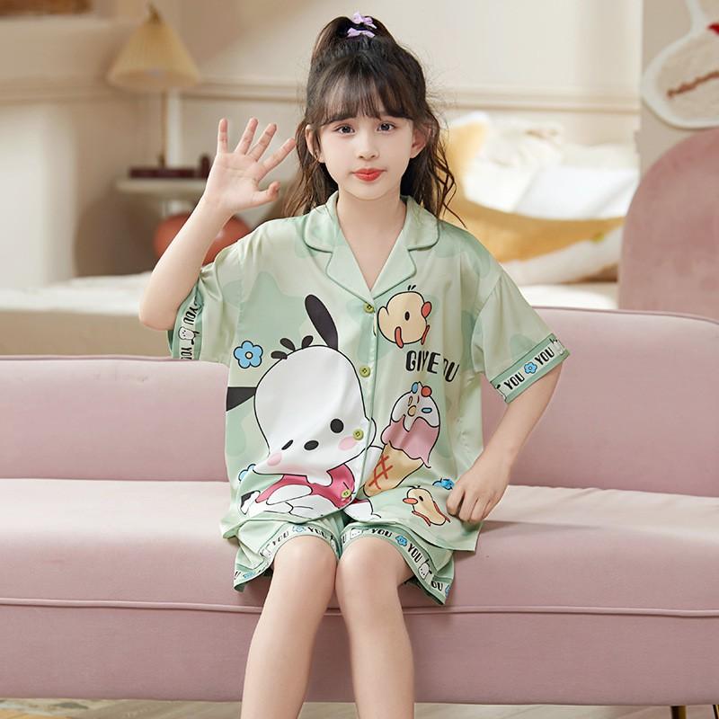 Cool Ice Silk Kids Pajama Set Short Sleeve Loose Sleepwear Girls Comfortable Cartoon Print Home Outfit