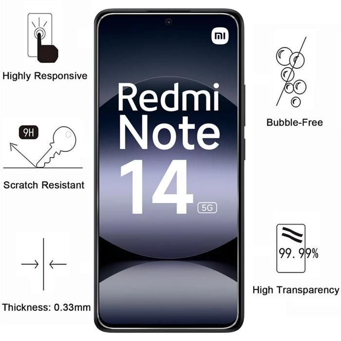 Ударопрочный чехол для Xiaomi Redmi Note 14 5G и 2 Закаленных стекла для экрана и 2 Защиты Камеры Phonillico®