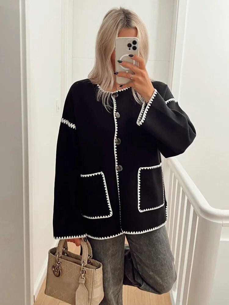 Модное женское пальто с круглым вырезом, осенне-зимнее однобортное пальто с длинными рукавами и карманами, женское элегантное лоскутное пальто в стиле High Street