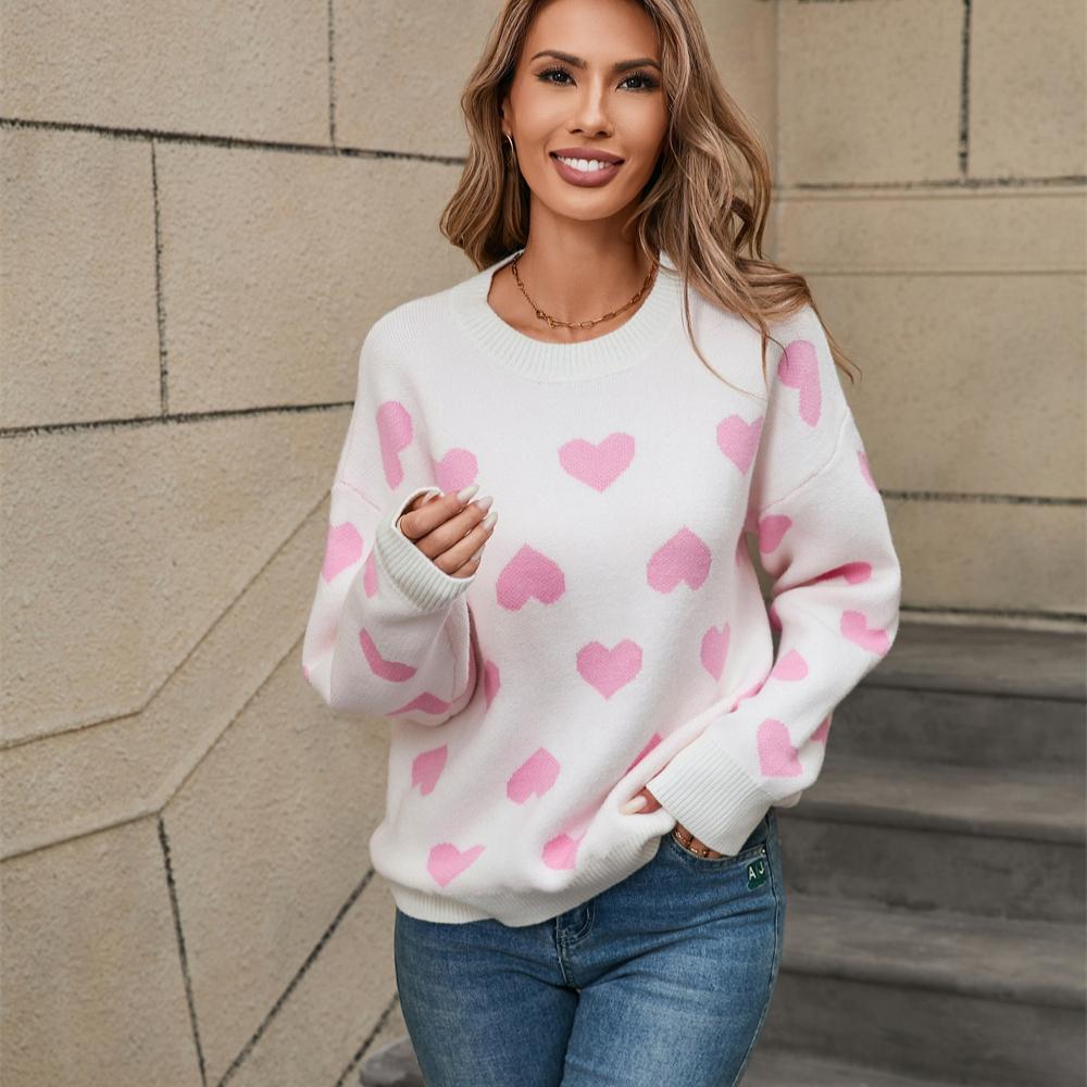 Зимний женский свитер с сердечками, пуловер с круглым вырезом на День святого Валентина, большой размер, свитер с персиковым сердечком