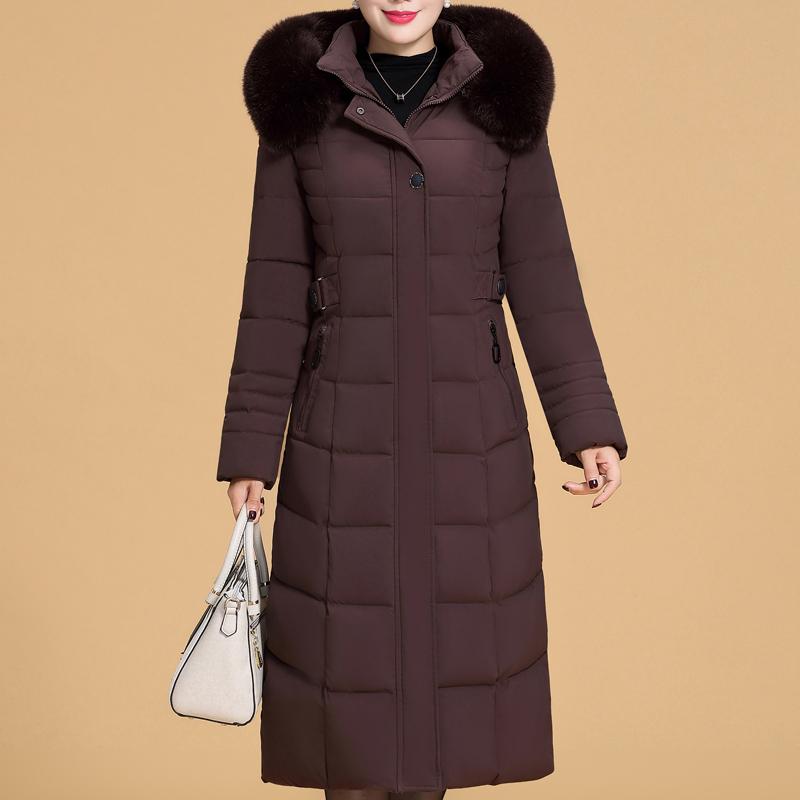 Большие размеры XL-6XL для женщин среднего возраста, длинные парки, зимние толстые теплые пальто с капюшоном, элегантные свободные женские куртки с воротником из искусственного меха