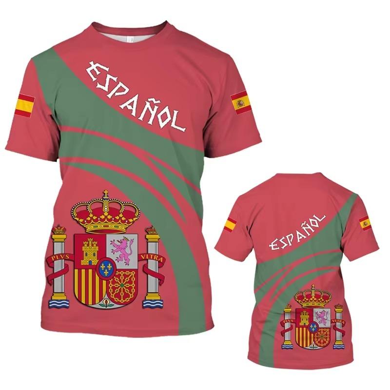 Spanish Themed Fan Short Sleeved Shirt, Retro National Emblem and Shield Full Screen Print, Unisex Breathable Sports T-Shirt