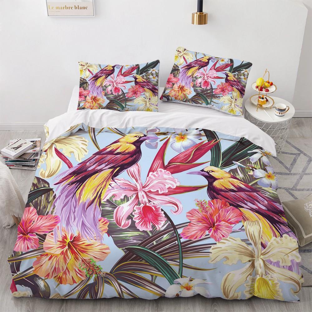 Цветочная Птица Король Королева Пододеяльник Красочный Тропический Цветочный Постельный Комплект Для Женщин Акварельный Растение 2/3шт Полиэстер Пододеяльник
