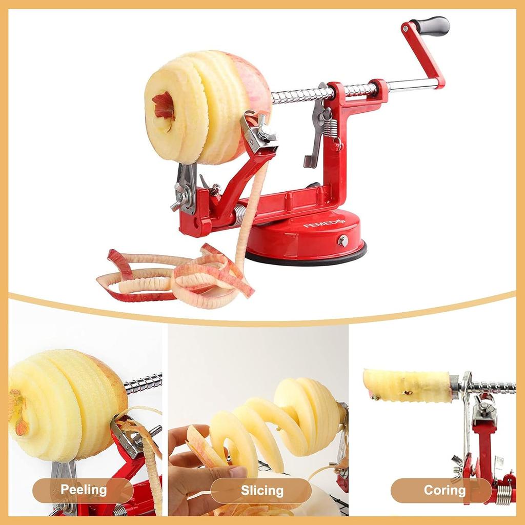 Apple Peeler Slicer Corer with Stainless Steel Blades and Powerful Suction Base for Apples Pears Potatoes Red