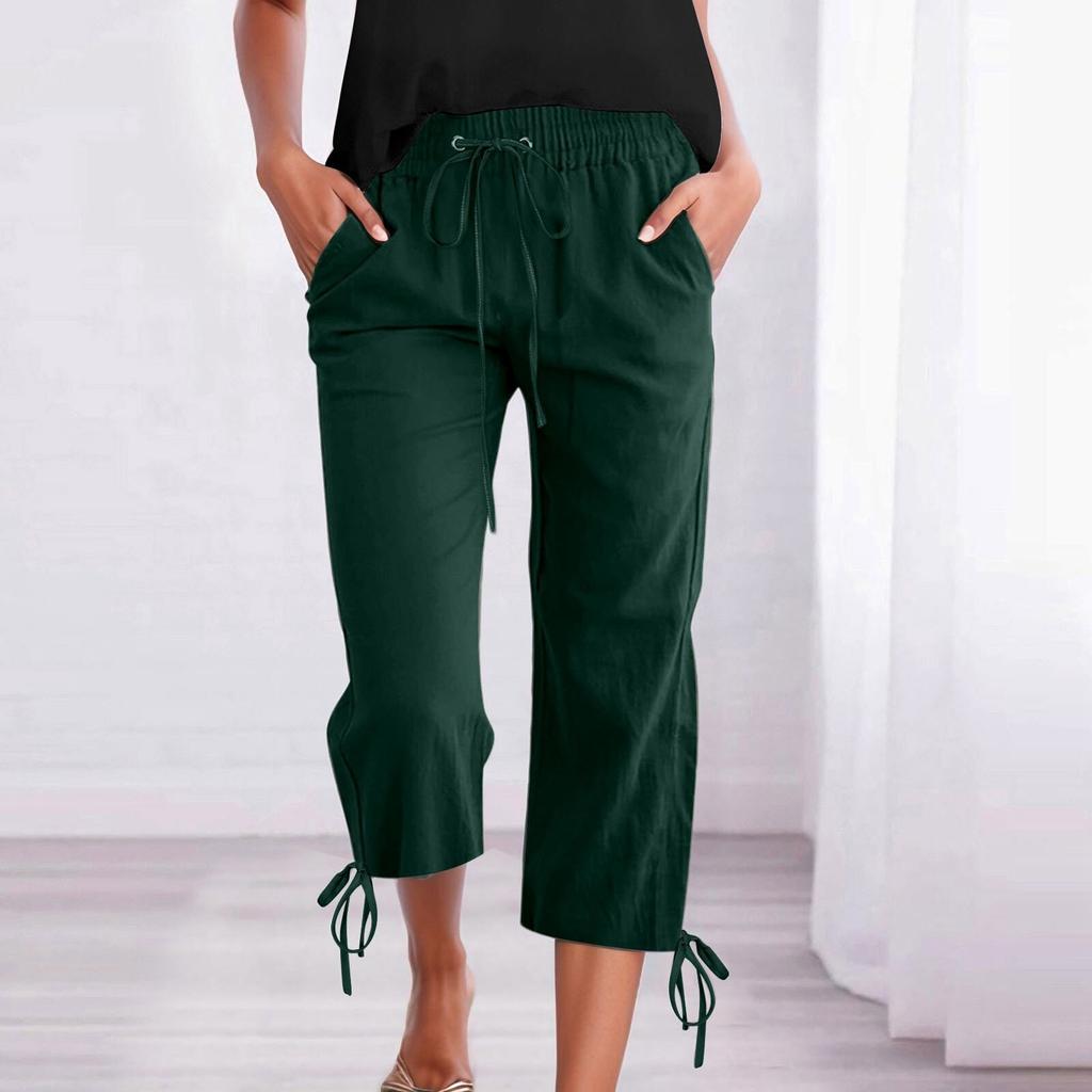 Женские повседневные однотонные свободные прямые укороченные брюки из хлопка и льна с завязками на шнурке и карманами
