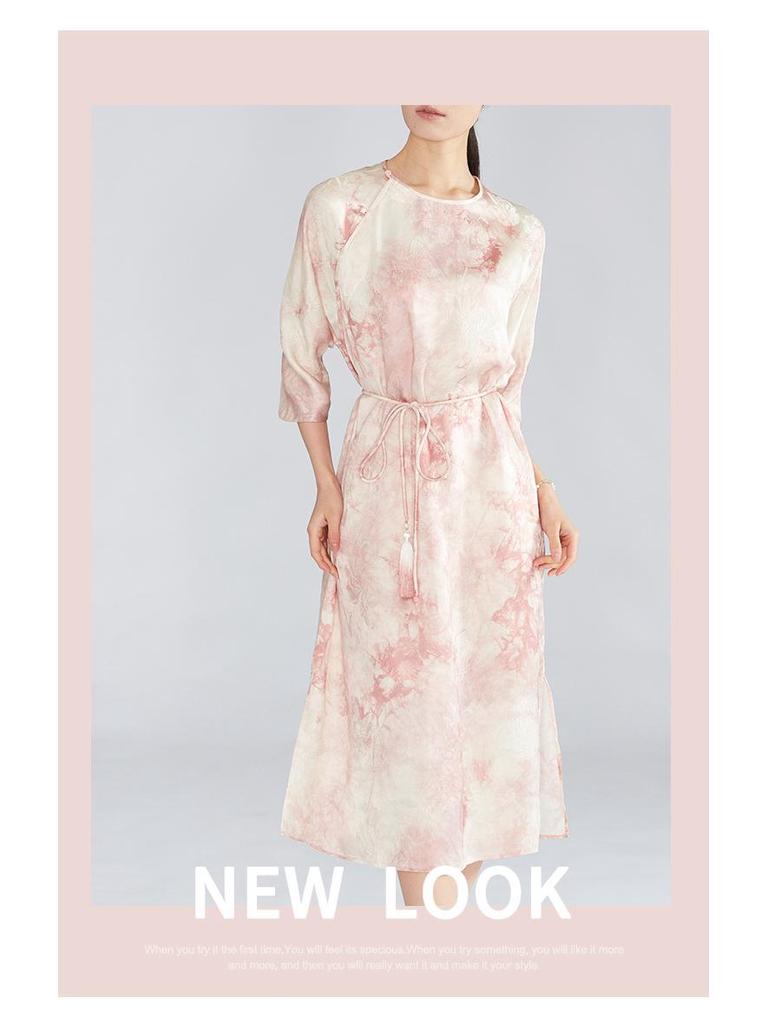 Платье миди ручной работы из жаккарда тутового шелка с принтом тай-дай - в китайском стиле, с круглым вырезом, скошенной планкой, рукавом семь восьмых