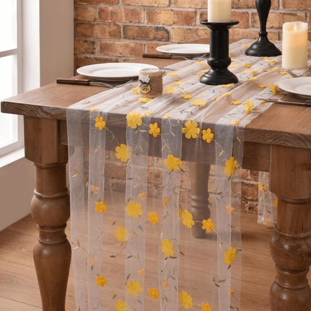 3D Embroidery Tulle Table Runner Romantic Gauze Table Flag Floral Tablecloth Photography Prop