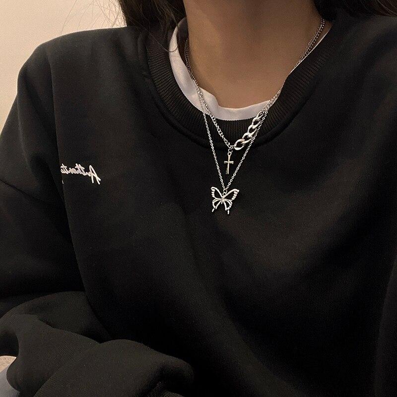 Двухслойное ожерелье с крестом и бабочкой, новое женское легкое роскошное нишевое дизайнерское решение Sense Ins, хип-хоп, ключичная цепочка