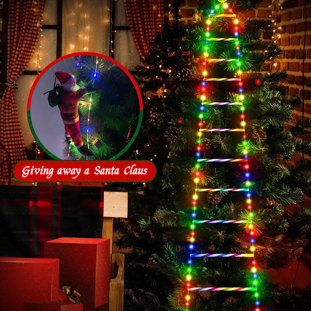 Santa Claus Doll Climbing Ladder LED String Lights Indoor Outdoor, USB/Solar Charging with Remote, Window Garden Christmas Decor